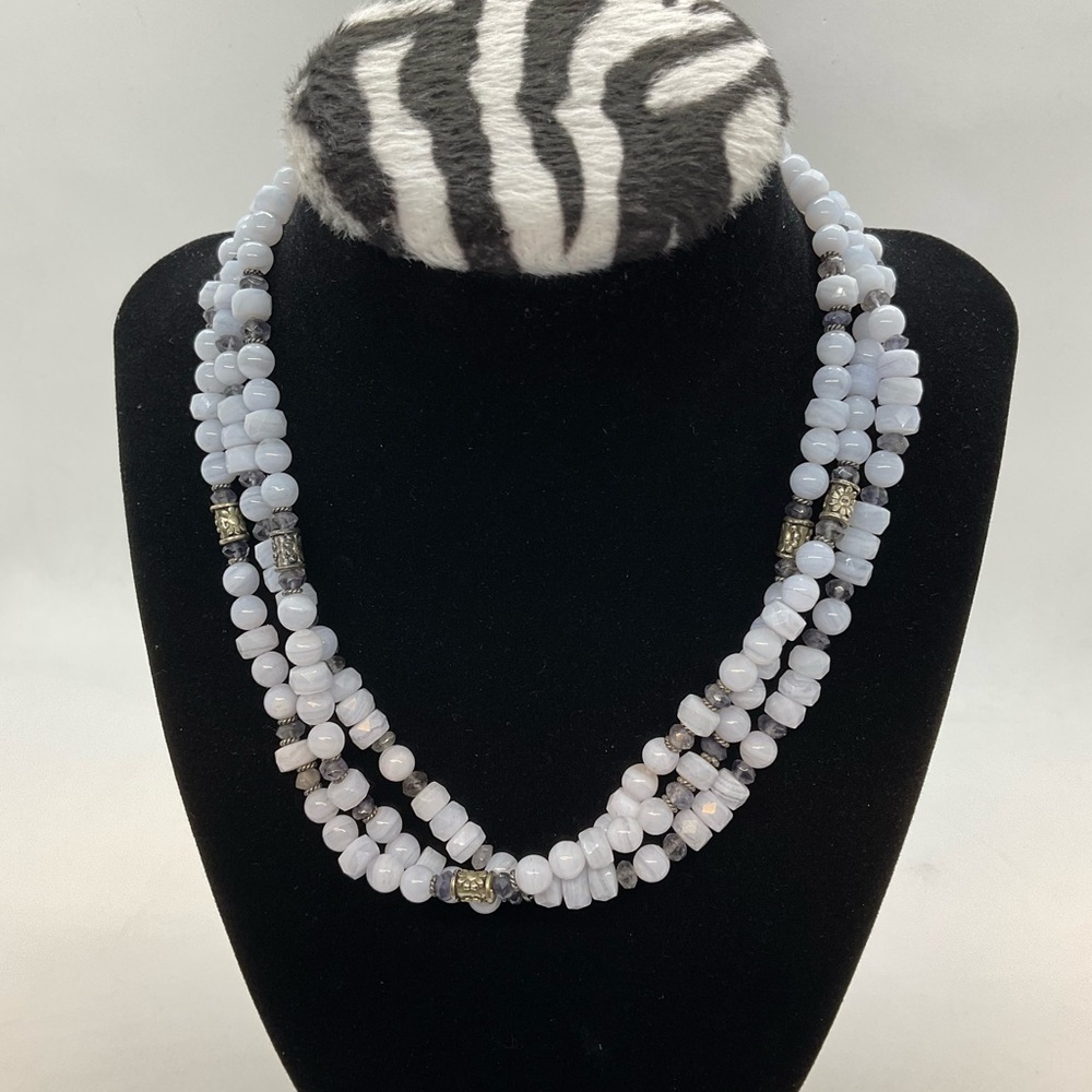 Blue Lace agate triple strand handcrafted necklace w/silver clasp -necklace only